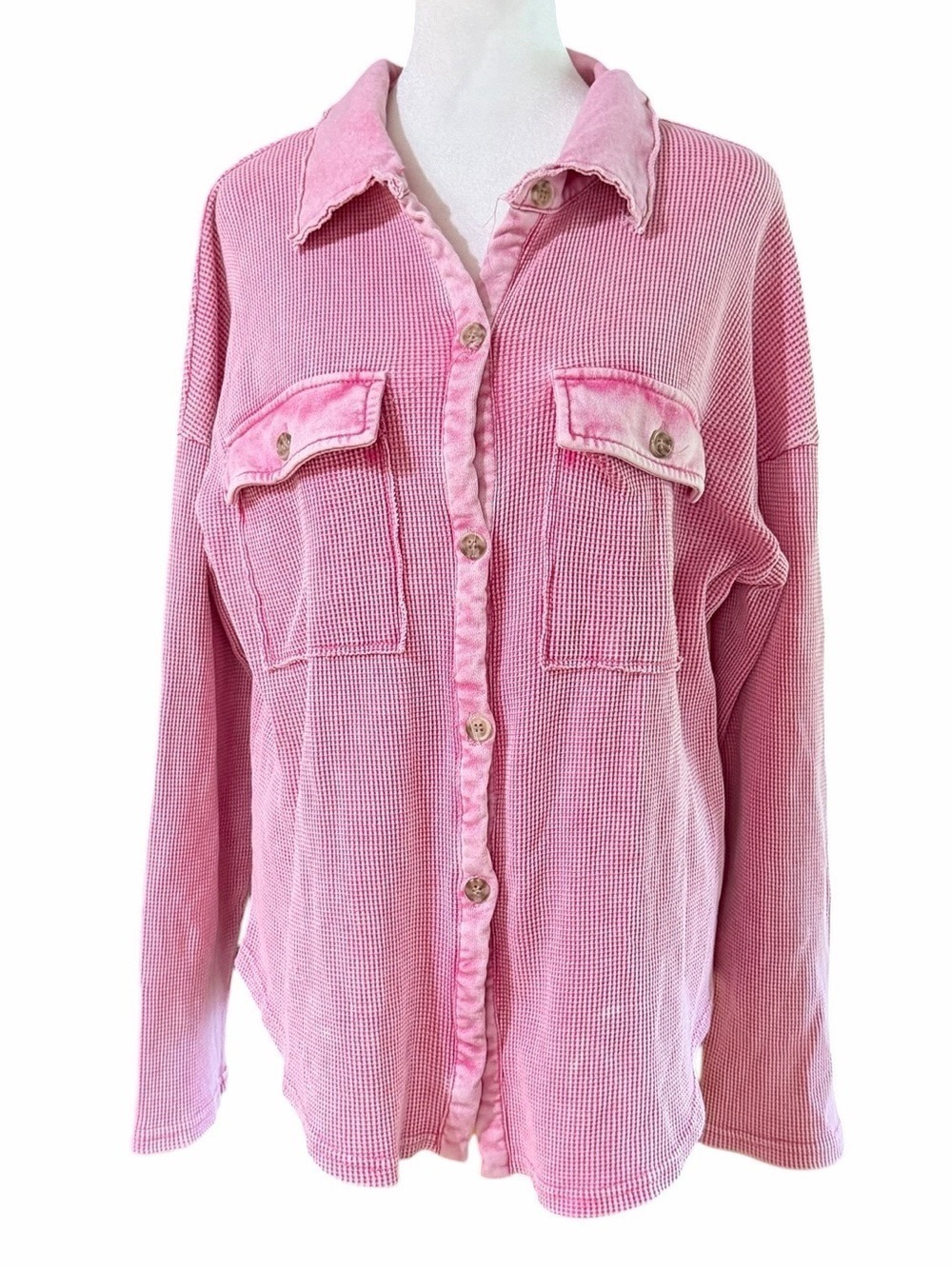 Waffle Knit Shacket Shirt Jacket Oversized Button Down Front Pockets Pink Small